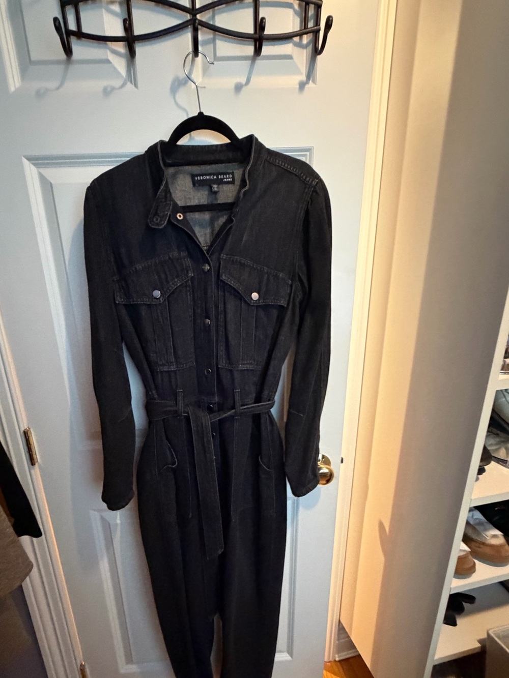 Veronica Beard Black Denim Jumpsuit with Self-Tie Belt